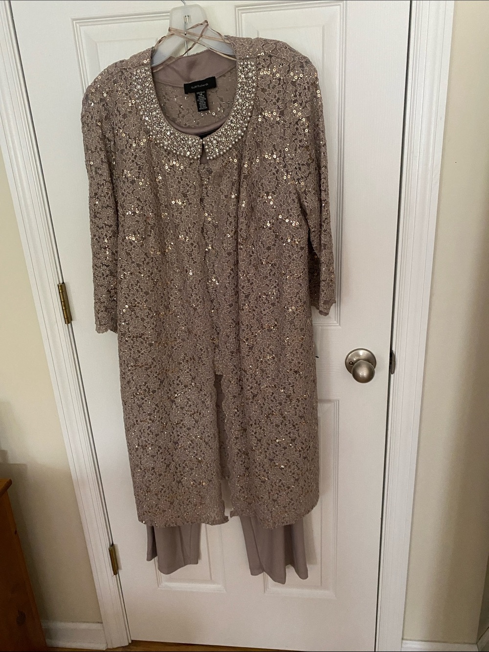 R&M Richards Taupe Sequin Lace Jacket & Jumpsuit Set